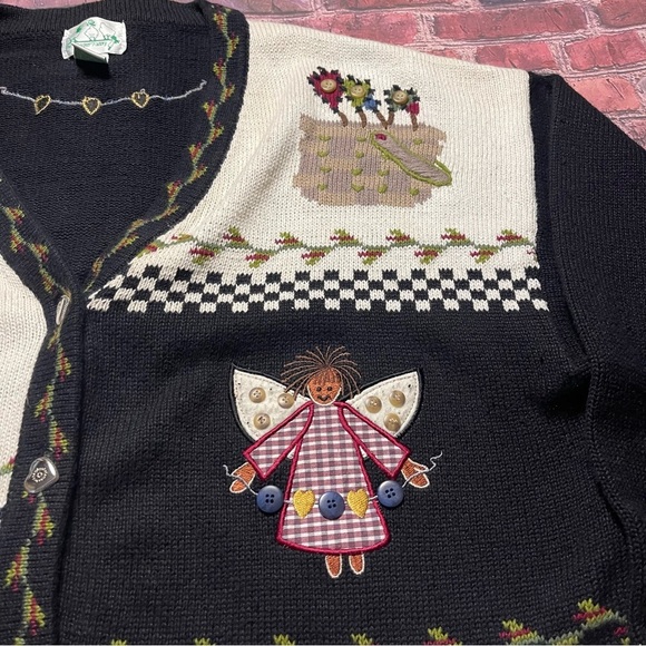 Vintage Quaker Factory Cardigan Sweater 2X 90s Patchwork Angels Topiary Flowers - Picture 2 of 10
